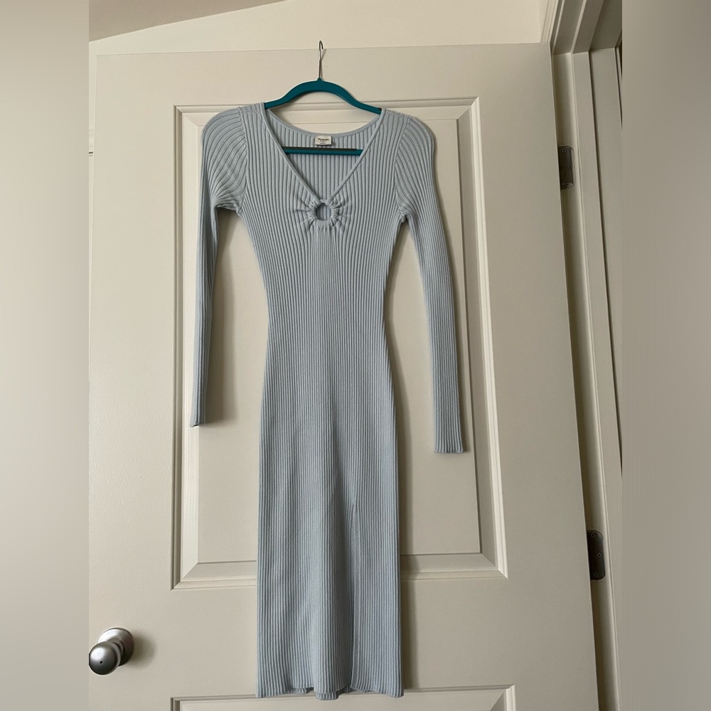 Long-Sleeve Light Blue Sweater Midi Dress
